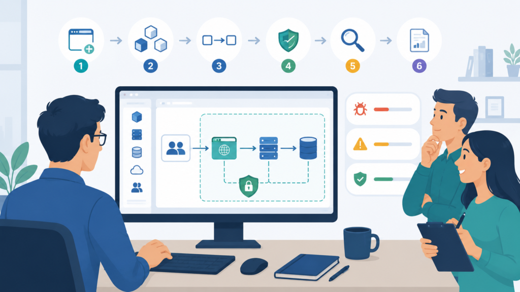 Proactive Network Threat Modeling illustration of a team reviewing simplified threat models.