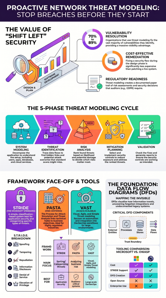 Proactive Network Threat Modeling infographic explaining frameworks and security workflows.
