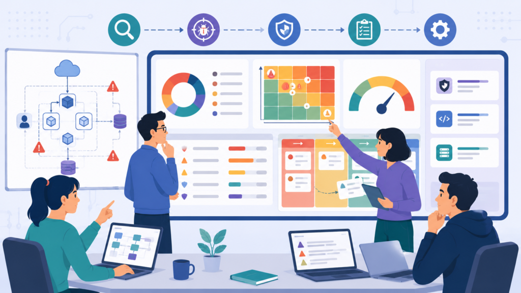 STRIDE Threat Modeling Methodology Explained with teams prioritizing threats using risk dashboards.