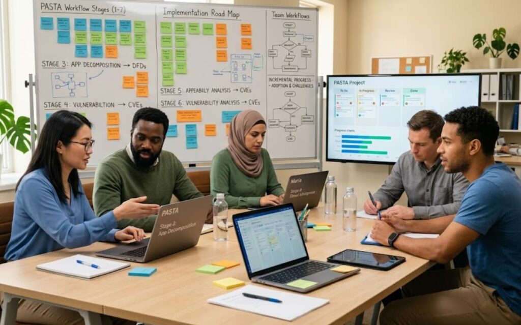Diverse team collaborating on PASTA workflow stages and implementation roadmap during a pasta threat modeling framework overview.
