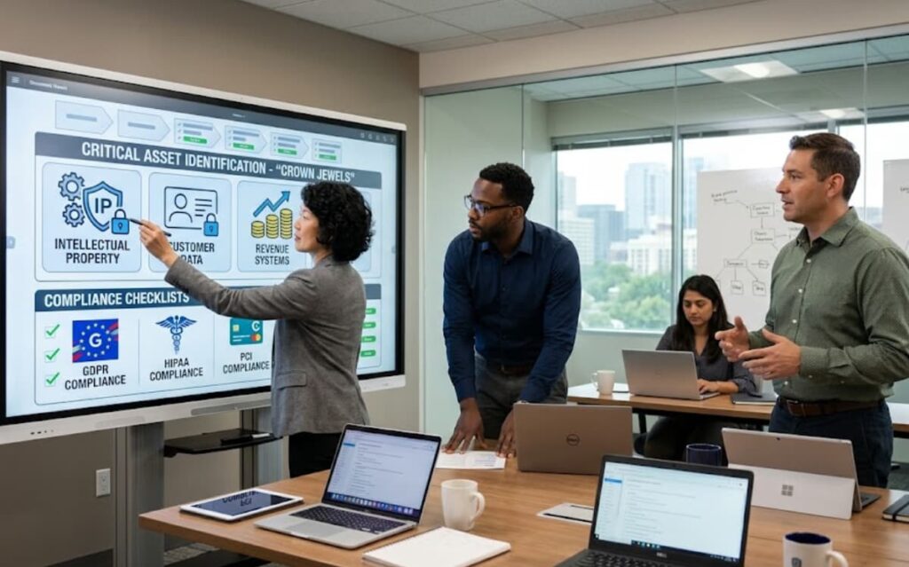 Presenter pointing to critical asset identification slide covering the pasta threat modeling framework overview with compliance checklists.
