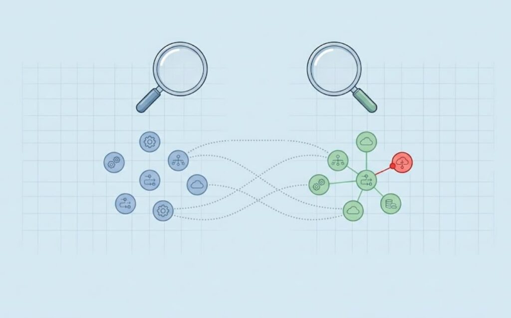 Visual diagram representing the vast threat modeling approach comparison mapping scattered components into a structured threat network. 
