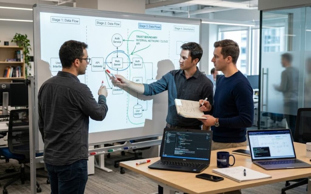 Security team reviewing pasta threat modeling framework overview on a projected data flow diagram in office.