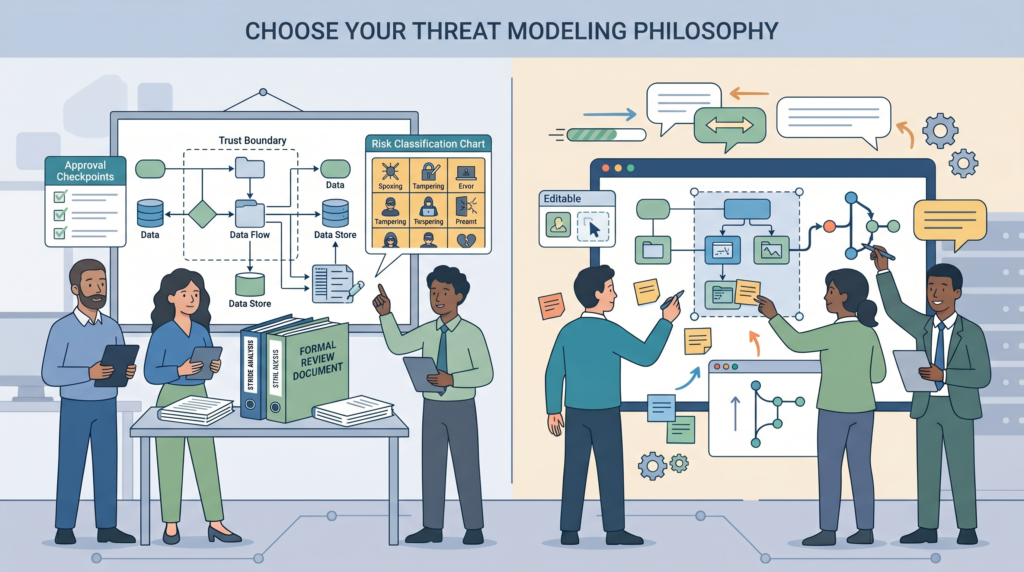 Threat Modeling Tools Comparison Microsoft OWASP depicting structured and agile security philosophies.