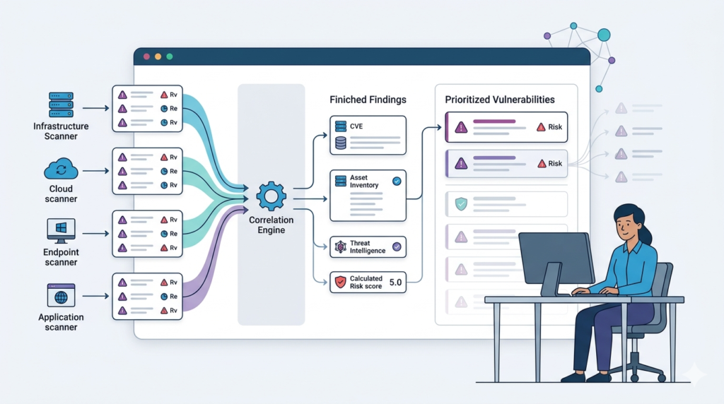 Vulnerability scanner data correlation consolidating scanner alerts into prioritized security risks.