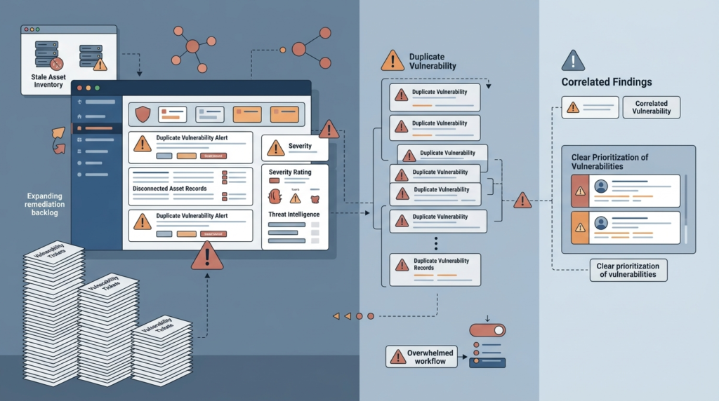 Vulnerability scanner data correlation reducing duplicate findings and remediation backlog.