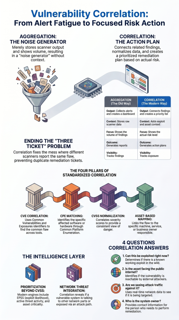 Vulnerability scanner data correlation infographic comparing aggregation and correlation approaches.