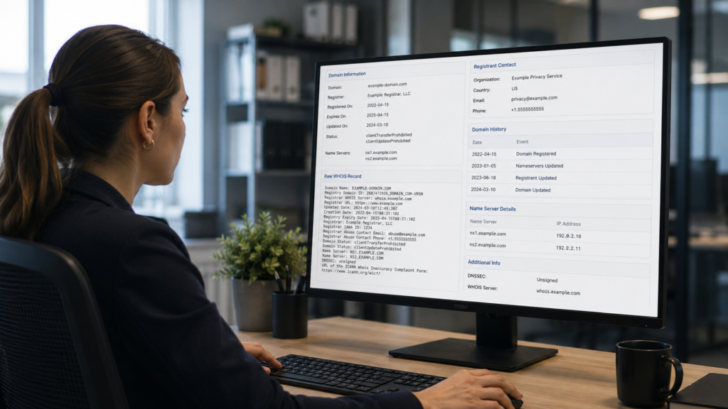 WHOIS Information Domain Reputation Lookup review showing domain registration and ownership records