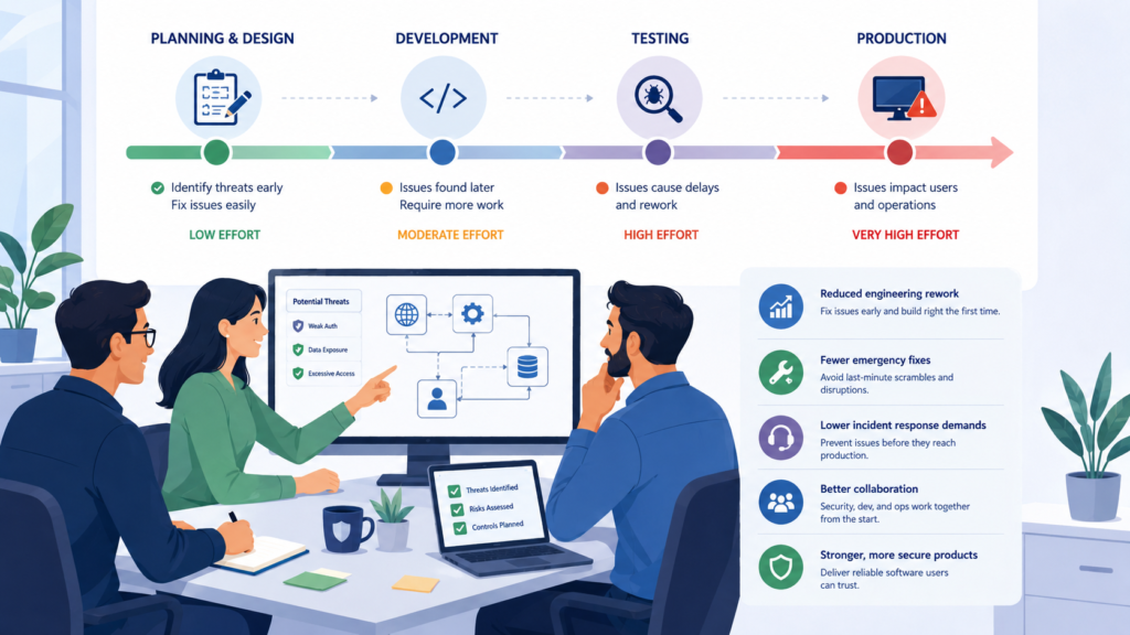 Benefits proactive threat modeling security teams realize by finding issues early and reducing rework.