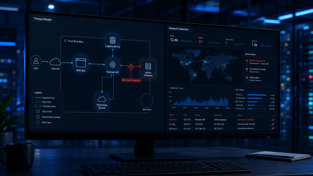 Network threat detection dashboard showing a threat model diagram, abnormal API connection alert, telemetry logs, and monitoring coverage in a SOC environment.