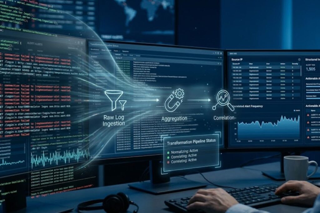 Security Information & Event Management (SIEM) pipeline aggregates and correlates security logs.