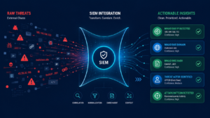 Dashboard layout showing integrating threat intelligence siem platform transforming raw data into clear alerts. 