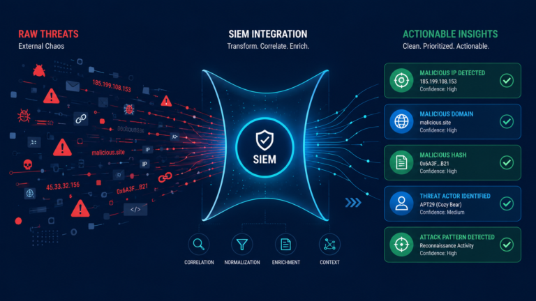 Dashboard layout showing integrating threat intelligence siem platform transforming raw data into clear alerts.