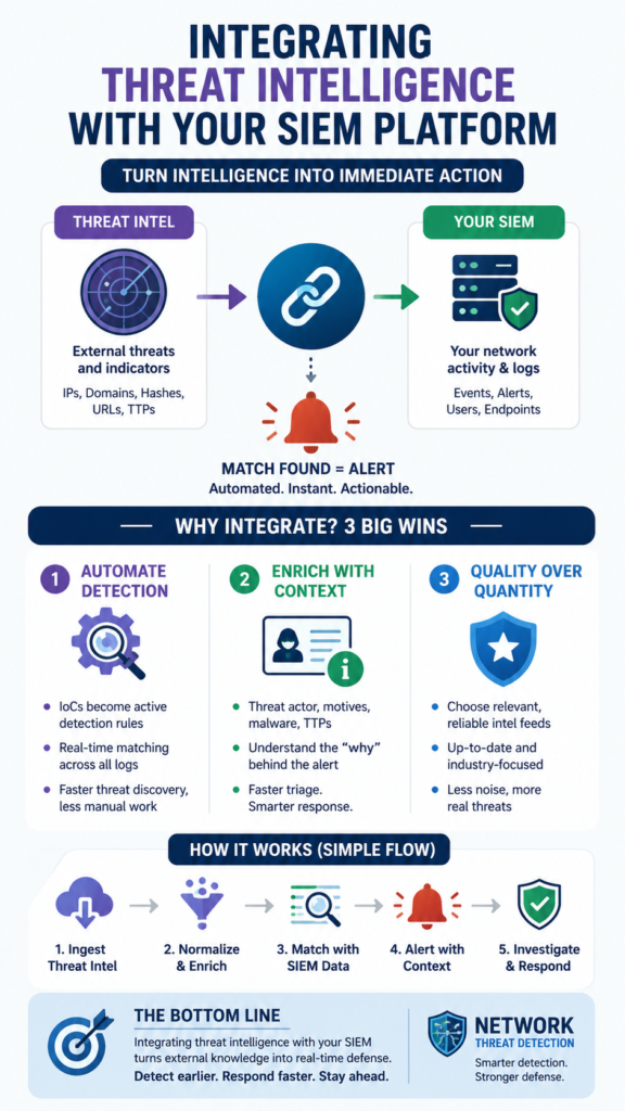 Vector graphic demonstrating integrating threat intelligence siem platform for organized corporate cybersecurity.