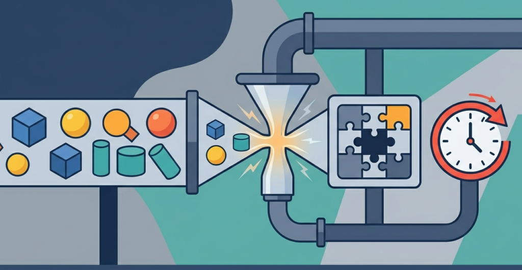 Vector scene of an IT professional navigating a complex dashboard, highlighting inherent hurdles of SIEM implementation.