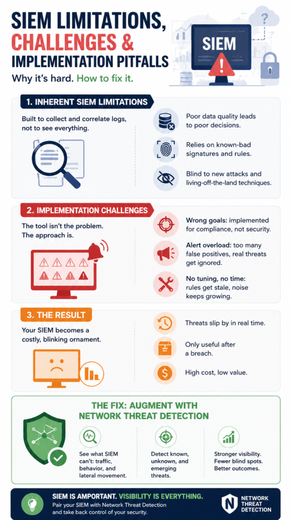 A clean graphic depicting a practical path to overcome implementation pitfalls and common SIEM limitations in security.