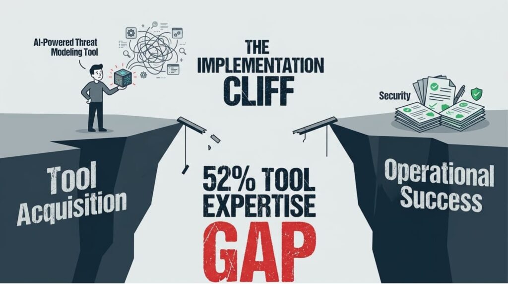 Cliff gap illustration showing tool expertise barrier between acquisition and success in threat modeling frameworks