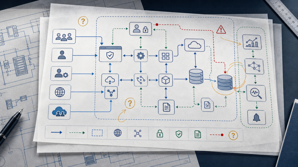Security-focused DFD review showing actors, APIs, identity paths, data stores, trust boundaries, control flows, unresolved questions, logging, and monitoring points.
