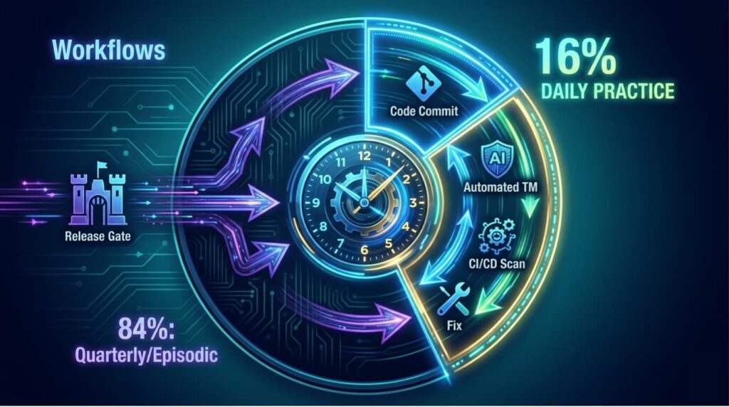 Circular CI/CD workflow diagram showing daily versus episodic adoption gaps in threat modeling frameworks