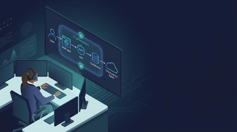Cybersecurity analyst reviewing a data flow diagram to support identifying-potential-network-attack using real traffic visibility, trust boundaries, and monitoring controls.