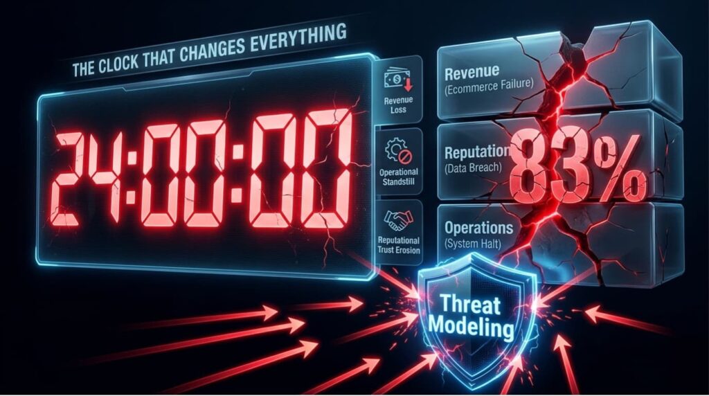 Digital clock and cracked damage blocks showing business impact urgency addressed by threat modeling frameworks