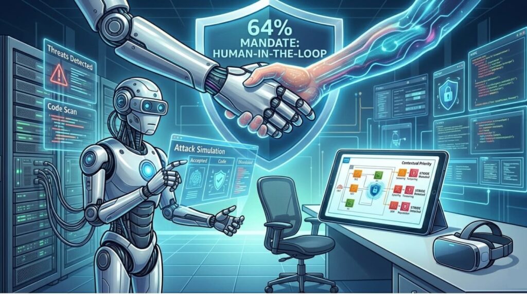 AI robot and human handshake illustration showing human-in-the-loop validation for threat modeling frameworks