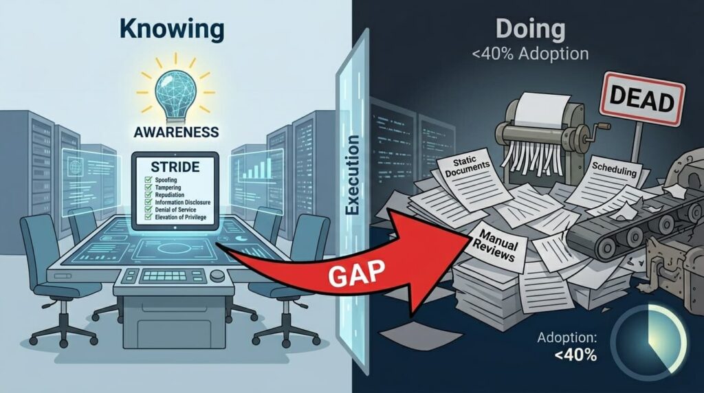 Split illustration showing awareness versus execution gap in applying threat modeling frameworks effectively