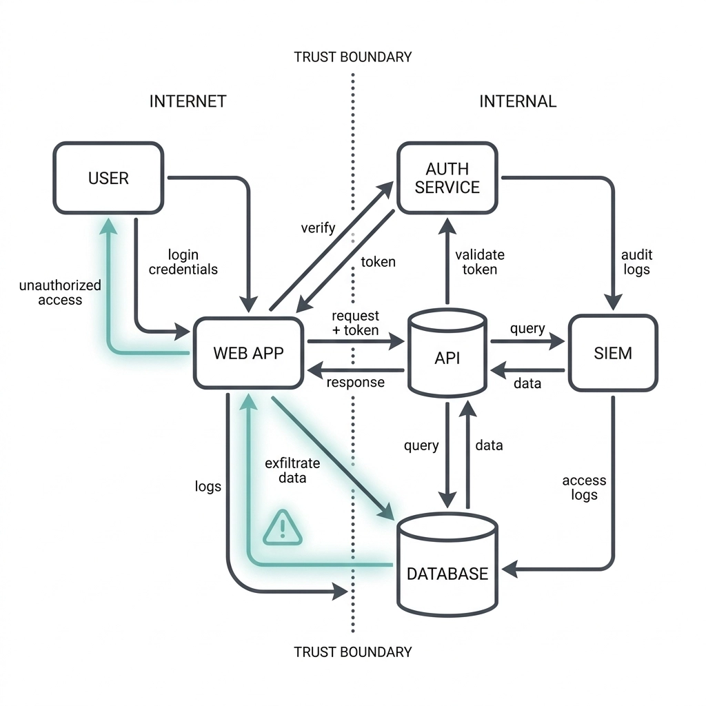 Security data flow diagram for identifying-potential-network-attack, highlighting trust boundary crossings, token and log flows, and a risky path for threat modeling.
