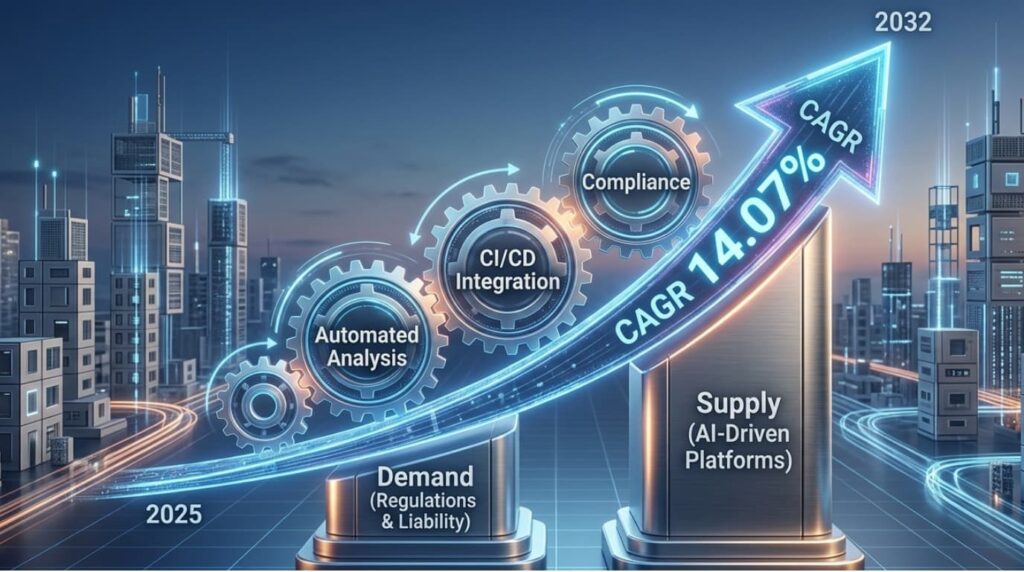 Gear and growth arrow chart showing 14.07% CAGR market expansion driving adoption of threat modeling frameworks