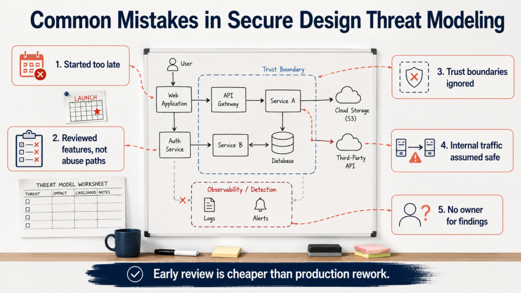 Common secure design threat modeling mistakes shown on a whiteboard, including late reviews, ignored trust boundaries, weak ownership, and missing detection planning.