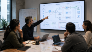 Security team using threat modeling for secure design to review architecture, data flows, trust boundaries, abuse paths, and detection coverage in a meeting room.