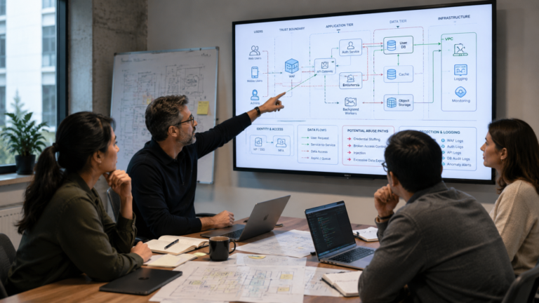 Security team using threat modeling for secure design to review architecture, data flows, trust boundaries, abuse paths, and detection coverage in a meeting room.