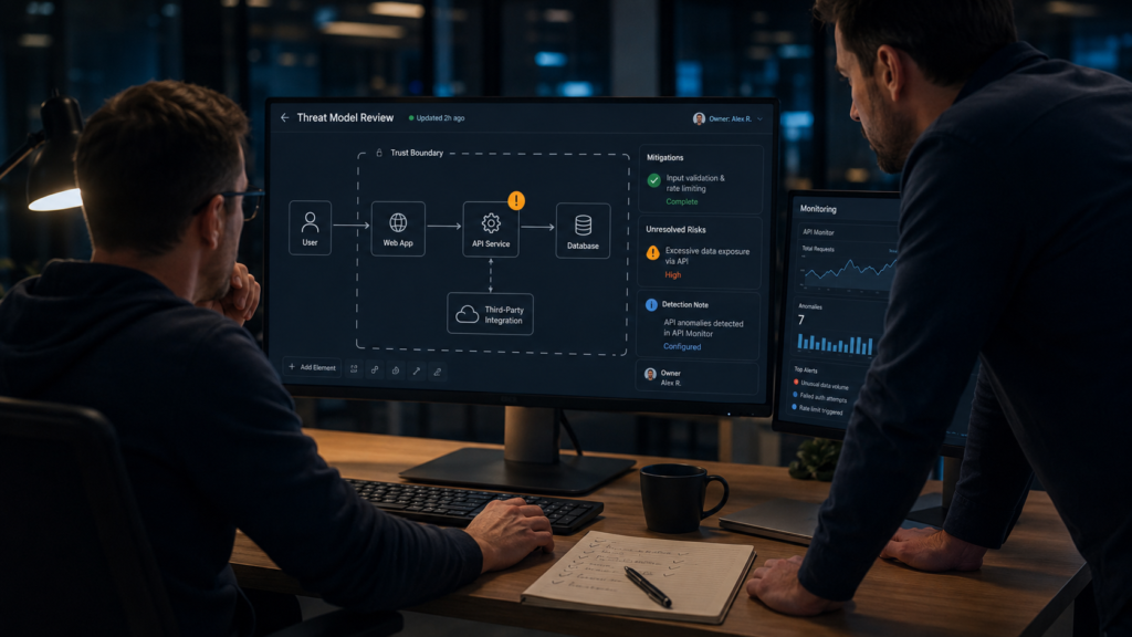 Threat model review screen showing SOC analysts assigning owners, tracking mitigations, and updating risks for a practical threat modeling workflow.