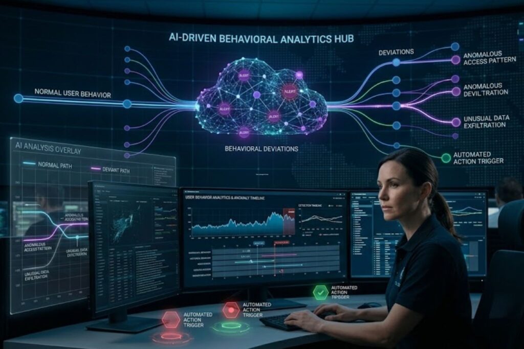 Analyst reviews AI behavioral analytics dashboards within a Security Information & Event Management (SIEM) platform.