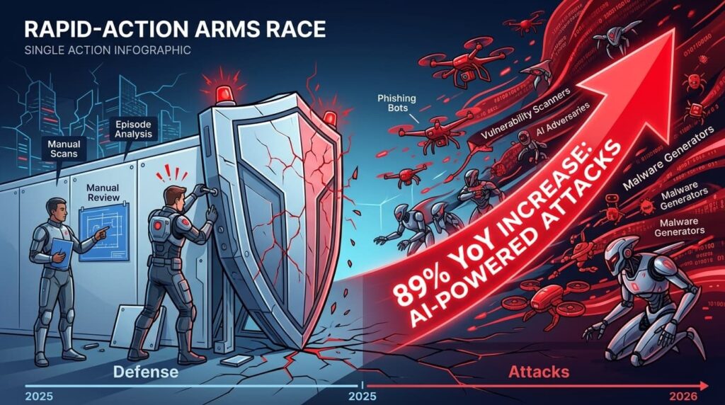 Arms race infographic showing AI-powered attack surge outpacing manual defenses in threat modeling frameworks