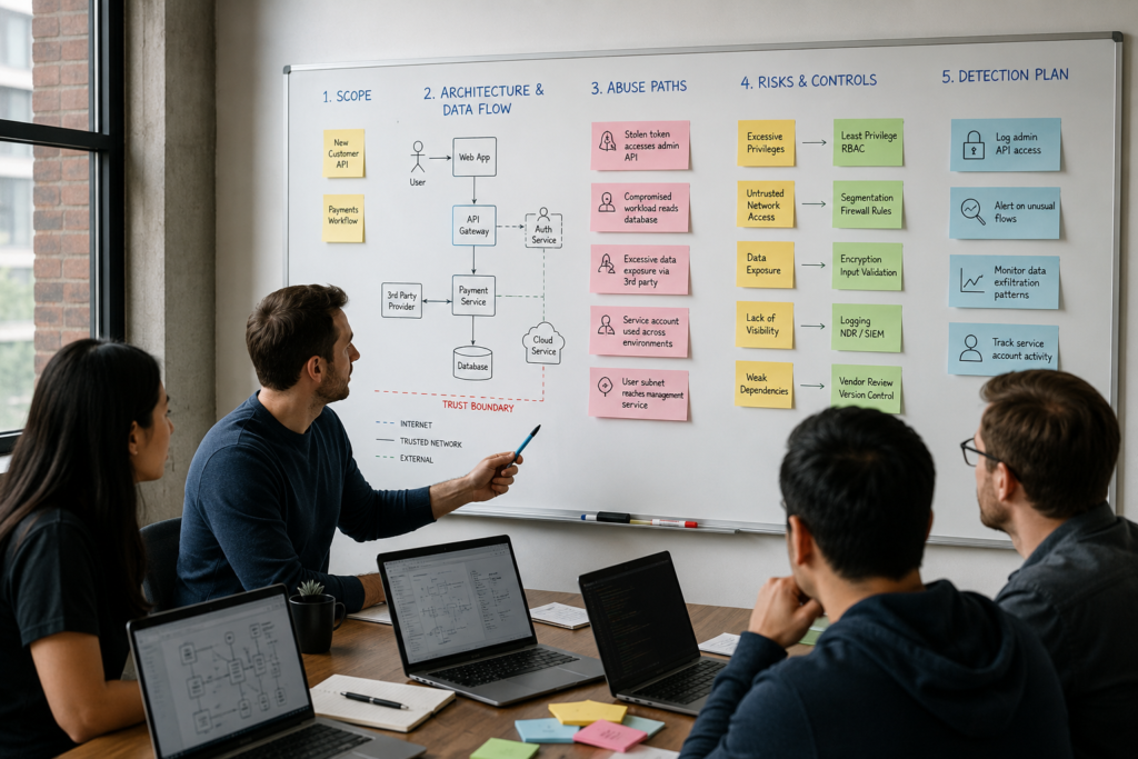 Practical secure design review session where a team maps architecture, abuse paths, risks, controls, and detection plans before systems go live.