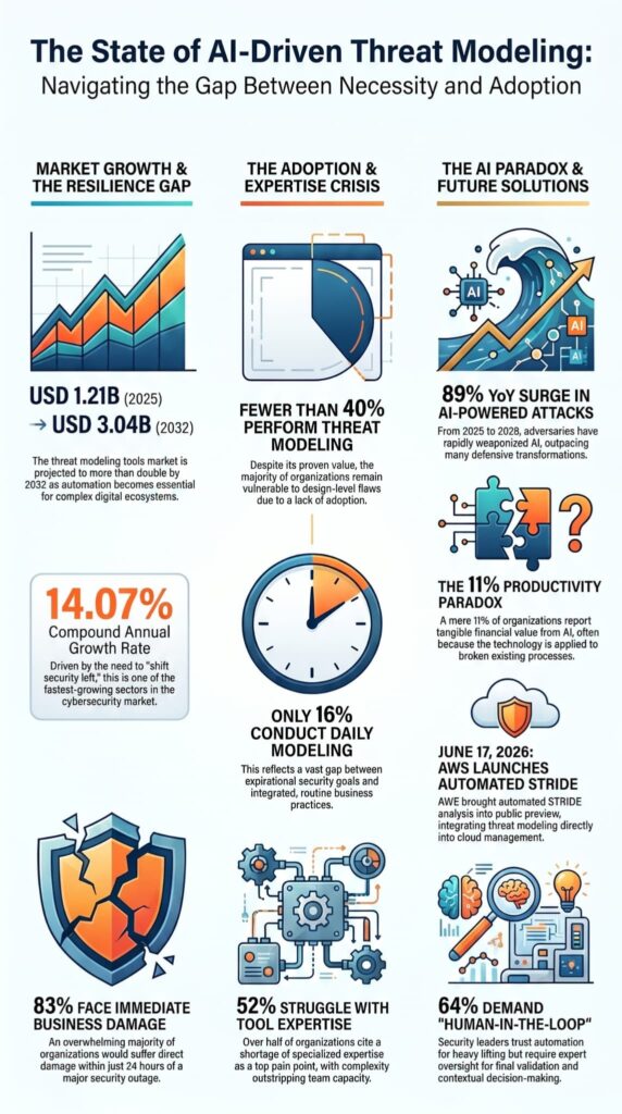 Infographic on AI-driven adoption gaps and market growth statistics across threat modeling frameworks