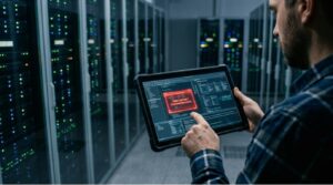 Engineer reviewing data leakage alert on tablet in server room using threat modeling frameworks tools