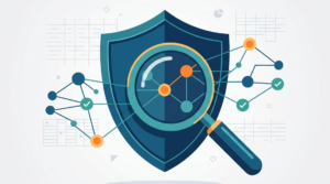 A large blue security shield and magnifying glass highlighting Network Security Risk Analysis Techniques. 