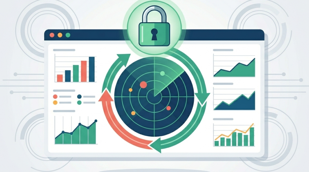 A digital security dashboard with a radar loop representing ongoing Network Security Risk Analysis Techniques. 