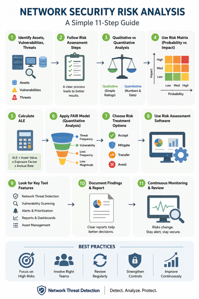 Infographic showing 11 steps for Network Security Risk Analysis Techniques and best practices. 