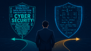 Cybersecurity expert comparing qualitative vs quantitative risk analysis with a balance scale. 