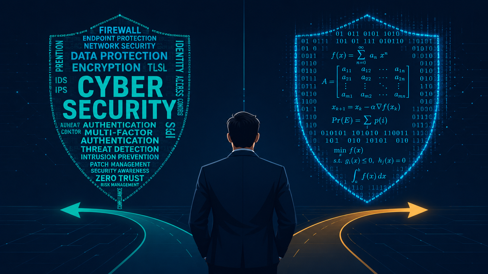Cybersecurity expert comparing qualitative vs quantitative risk analysis with a balance scale. 