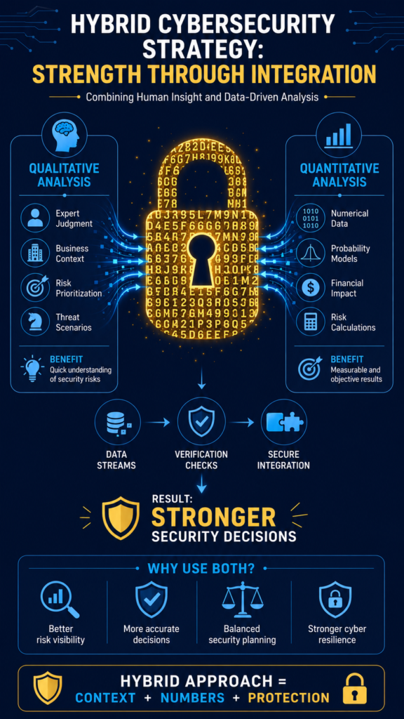 Flat design graphic showing qualitative vs quantitative risk analysis in a cybersecurity balance.