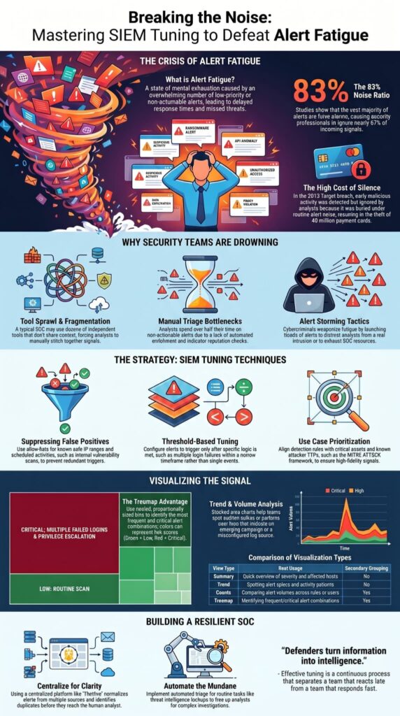 Infographic explains tuning techniques to reduce alert fatigue in Security Information & Event Management (SIEM) tools.