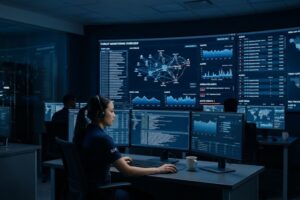 SOC analyst monitors threat dashboards powered by a Security Information & Event Management (SIEM) system.