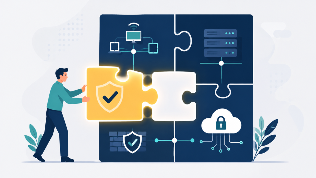 Minimalist vector illustration representing modern network security risk assessment software tools.