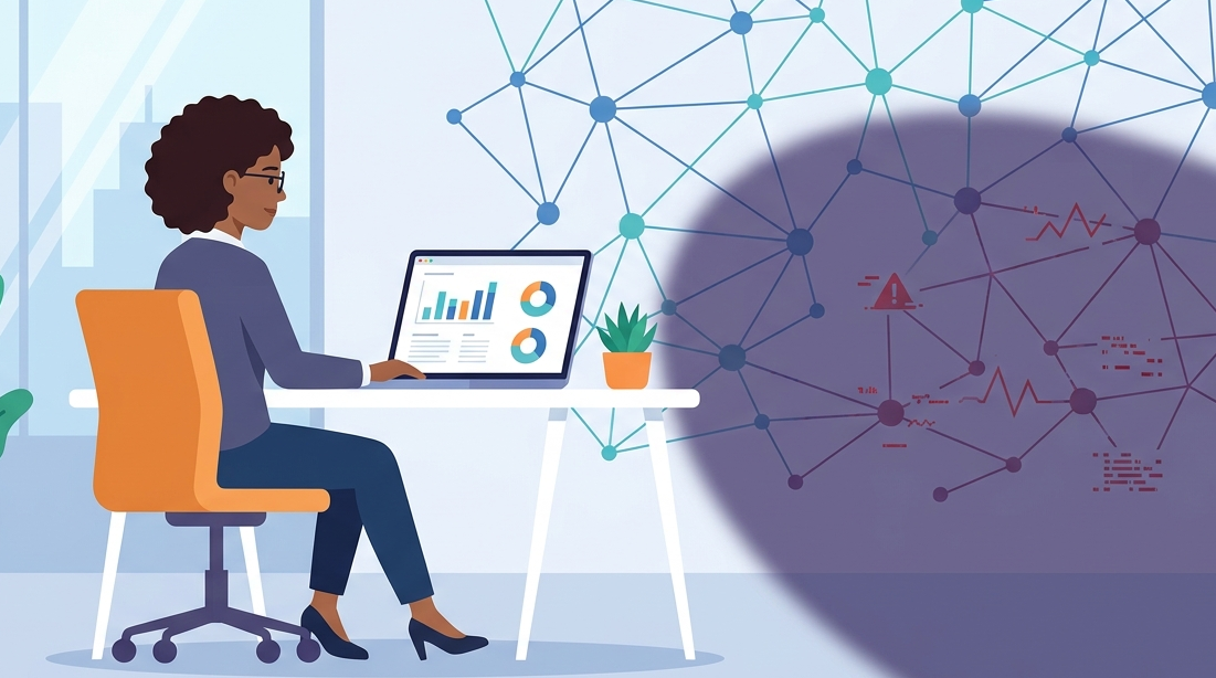 Vector illustration of a professional reviewing network security risk assessment steps on a monitor. 