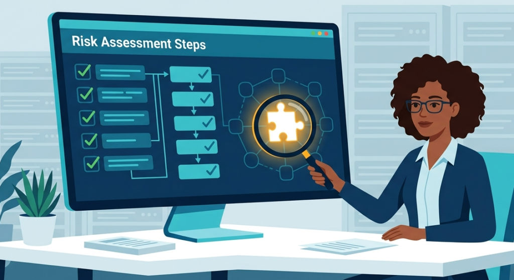 IT specialist analyzing network security risk assessment steps to find a missing vulnerability patch. 