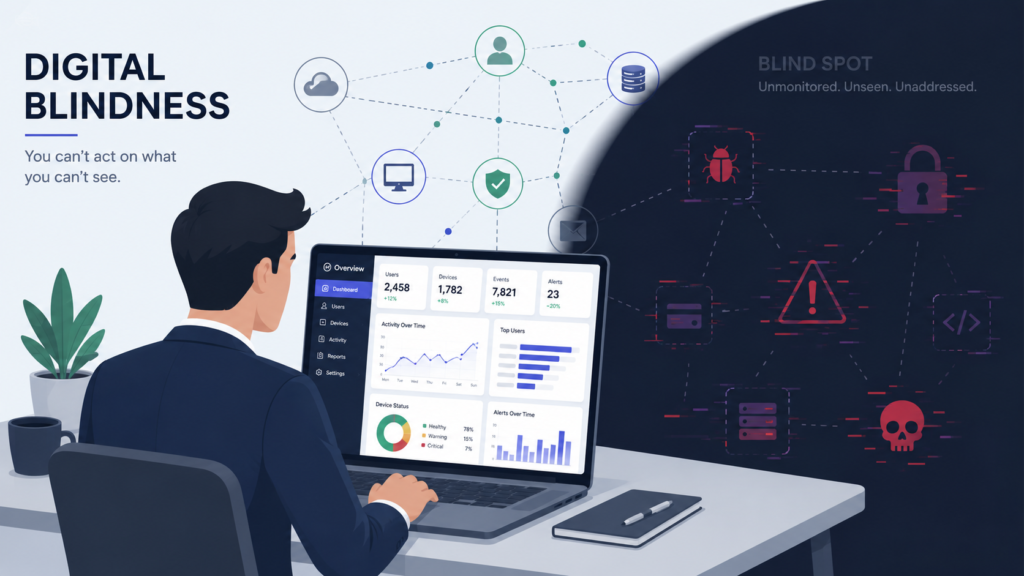 Flat illustration mapping network security risk assessment steps against hidden digital vulnerabilities. 
